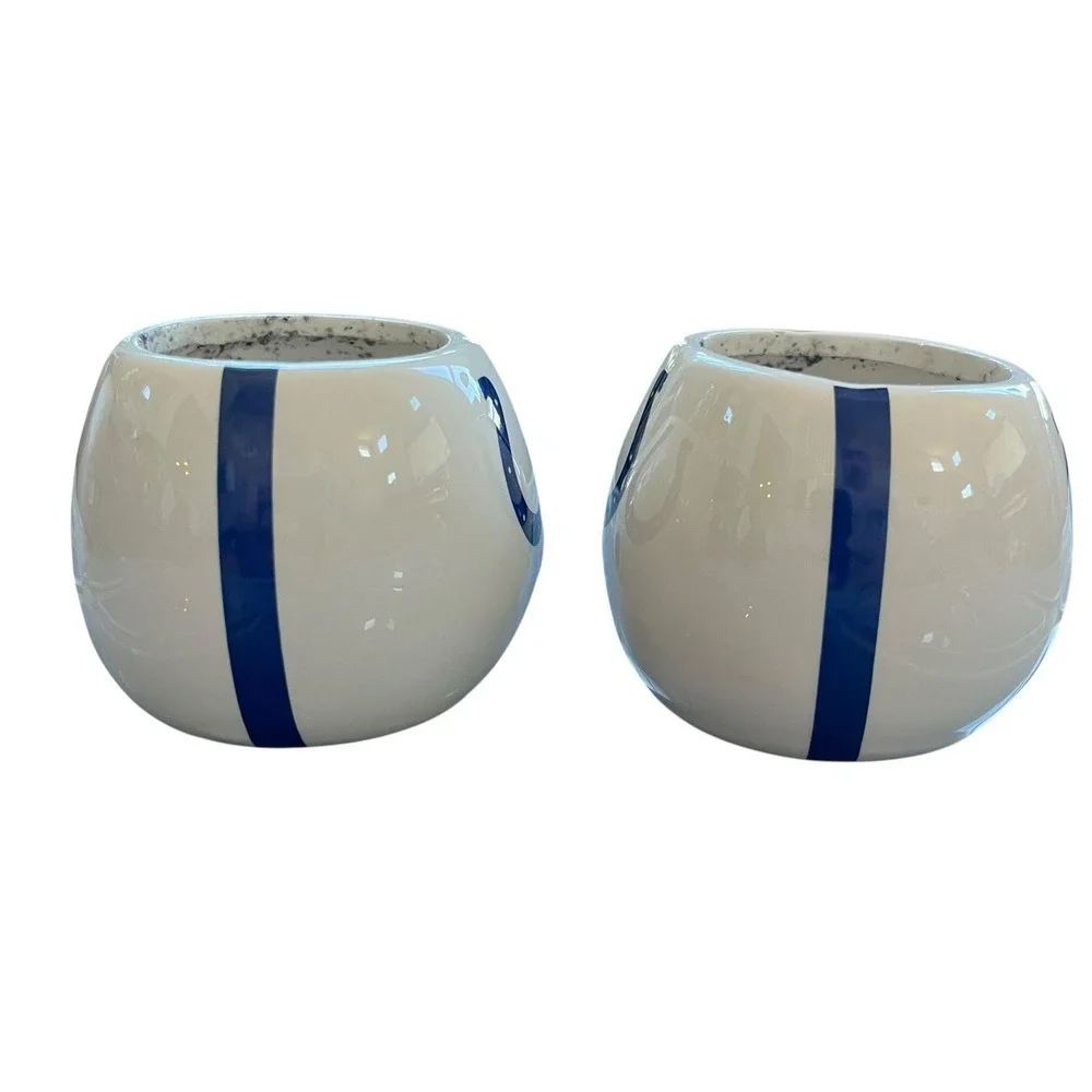 Set Of 2 Indianapolis Colts NFL Ceramic Helmet Planter Candy Bowl White Football